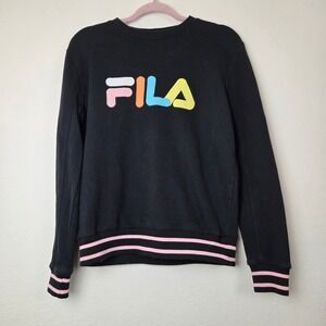Fila Sweatshirt Womens Small Black Logo Pullover Crewneck Athletic Striped Trim